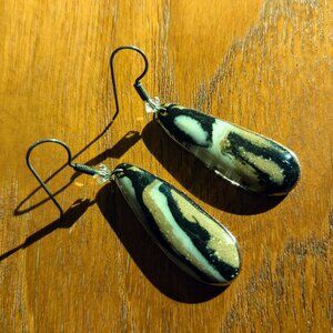 Stunning Hanging Drop Handmade Earrings in Black Tan and White